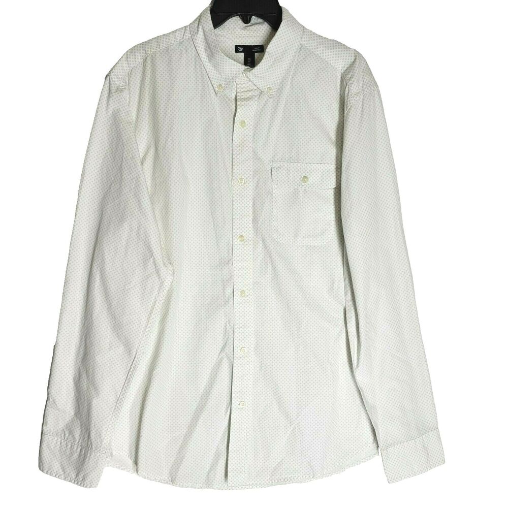 Gap Slim Fit Mens Button Down Long Sleeve Shirt White Gray Dot Size Large